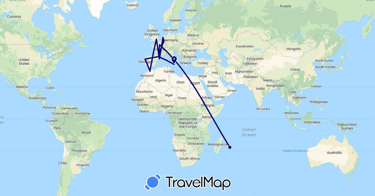 TravelMap itinerary: driving in Andorra, Belgium, Spain, France, United Kingdom, Italy, Morocco, Netherlands, Portugal (Africa, Europe)